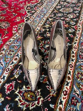 Sam & Libby Metallic Taupe Snake-Embossed Pointed Toe Pumps